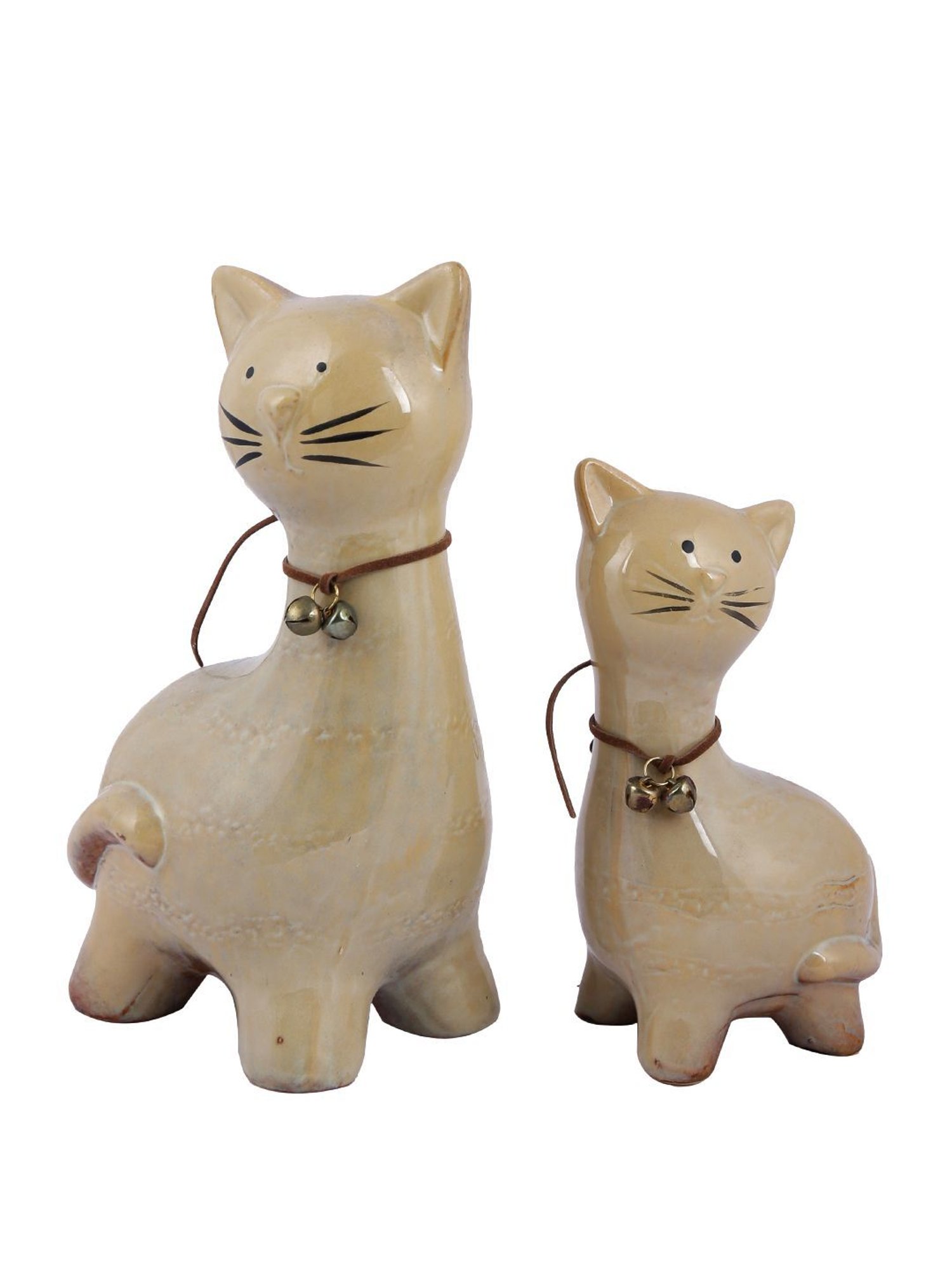Tayhaa Beige ceramic Pair of Cute Cats with Bell on Neck