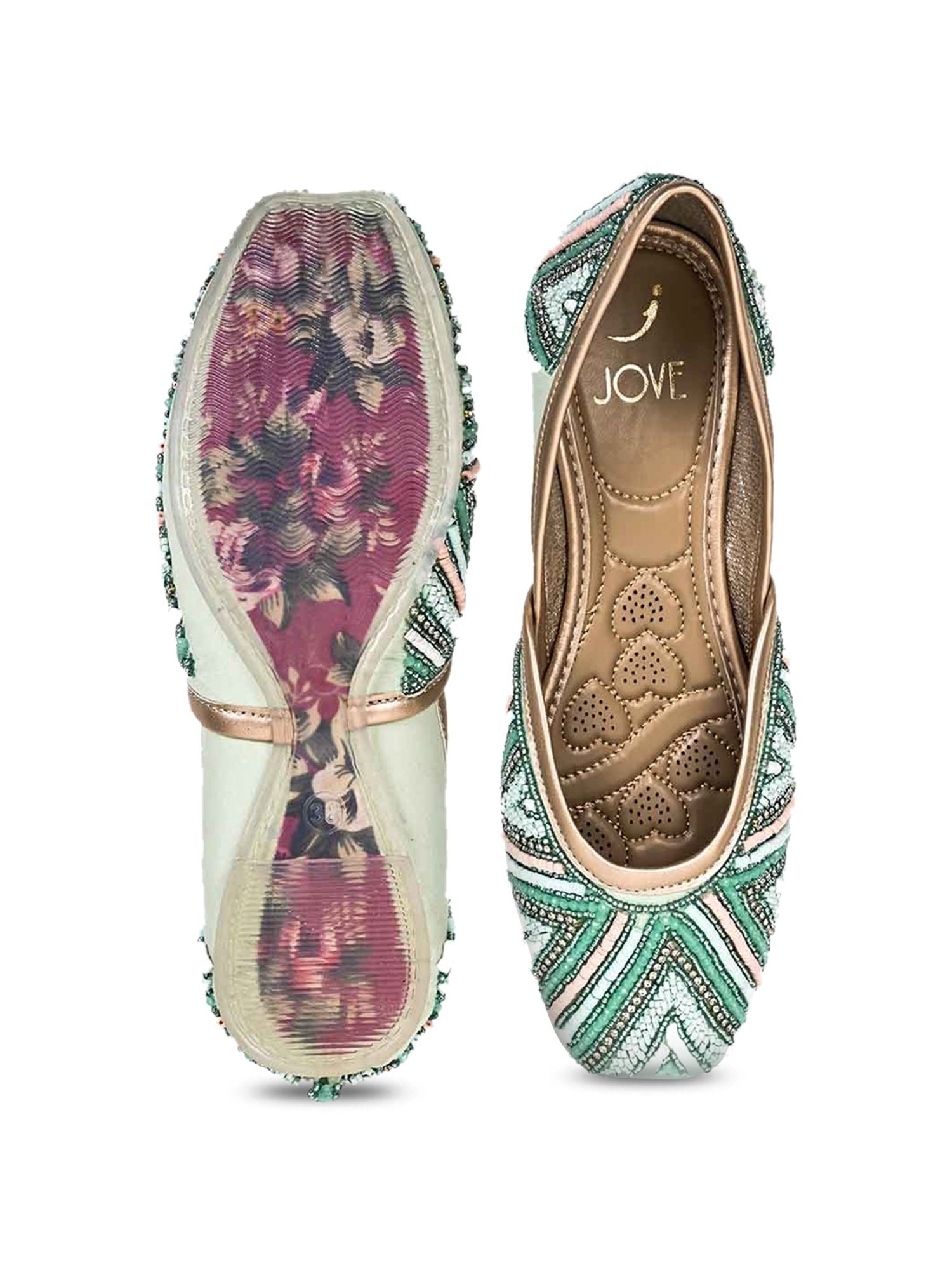 Jove Women's Sea Green Ethnic Juttis