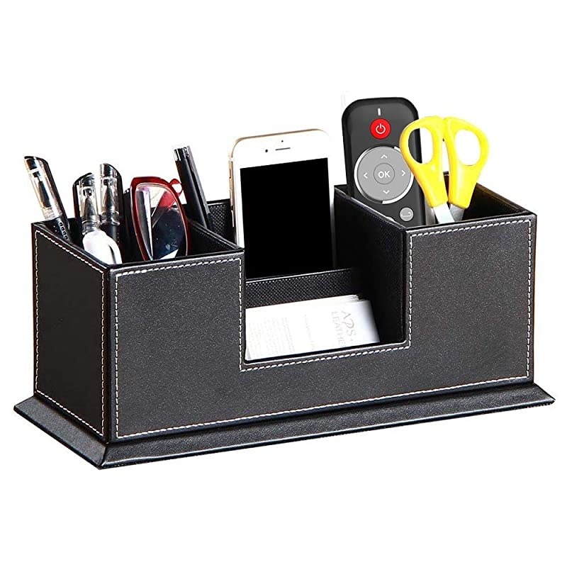 PU Leather Desk Organizer with 4 Compartments, Card/Pen/Pencil/Mobile Phone Stand Office Supplies Holder Desktop Remote Caddy, Home and College Dorm Decor Accessories Storage Box for Women
