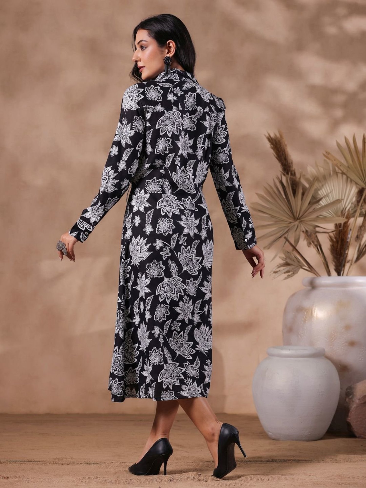 Ishin Black Floral Print Shirt Dress
