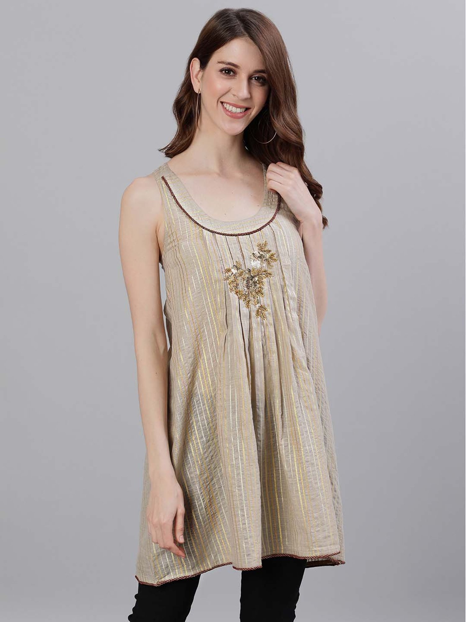 Ishin Beige Pure Cotton Embellished Top