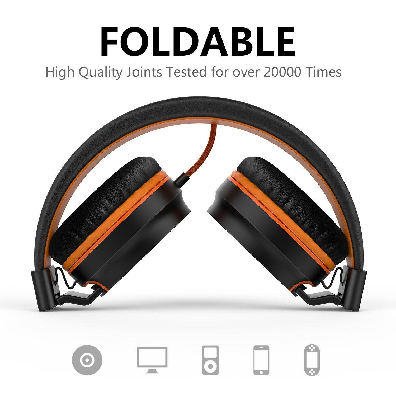 Ailihen I35 Stereo Lightweight Foldable Headphones Adjustable Headband Headsets with Microphone 3.5mm for Cellphones Smartphones iPhone Laptop Computer Mp3/4 Earphones (Black/Orange)
