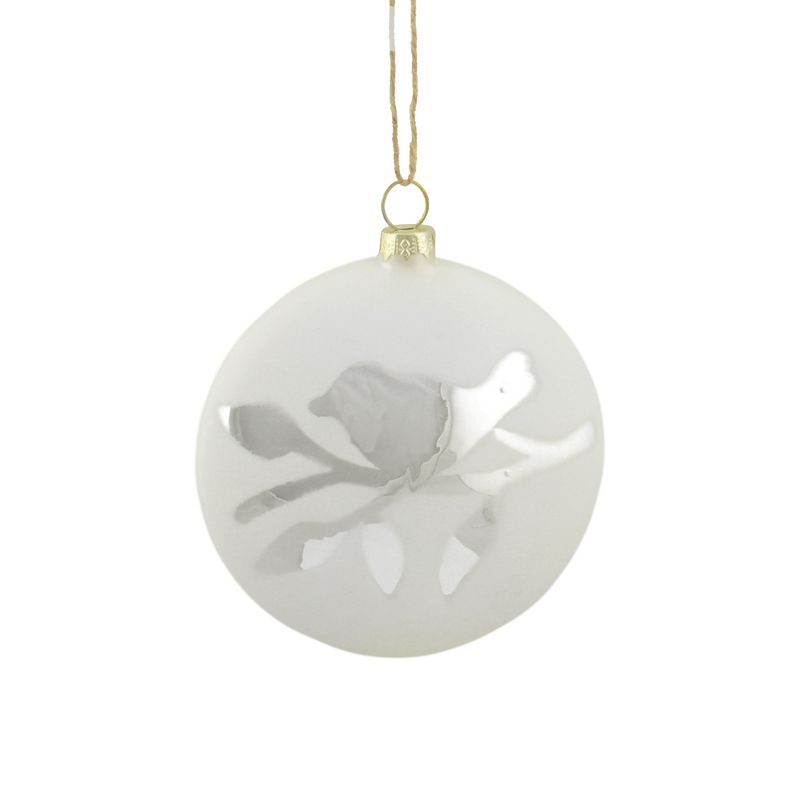Napa Home and Garden 3.75" Matte Bird on Branch Glass Disc Christmas Ornament - Silver/White