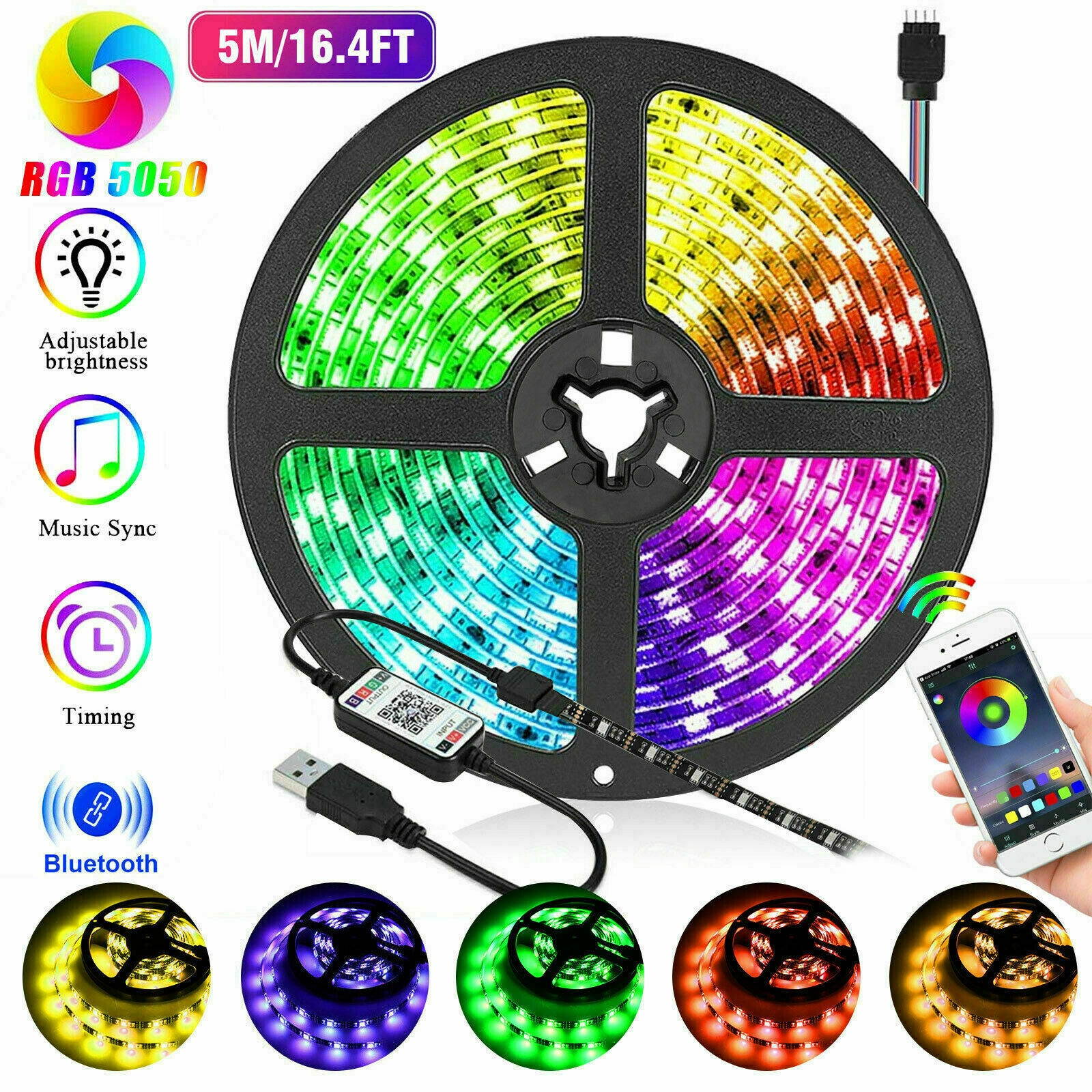 LED Strip Lights 16 FT Bluetooth APP Remote 3528 RGB Backlight Waterproof