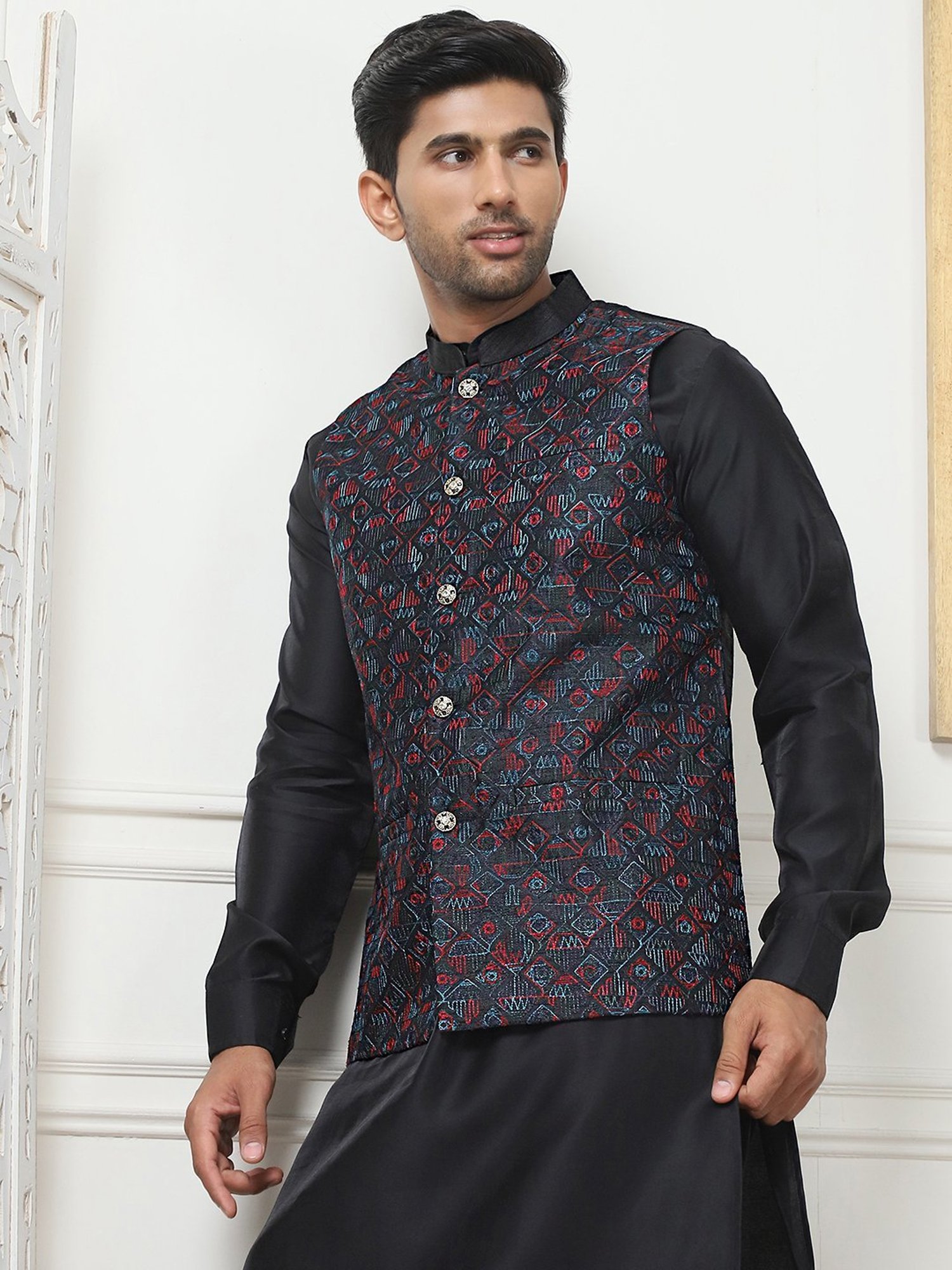 Jompers Navy Regular Fit Embroidered Nehru Jacket