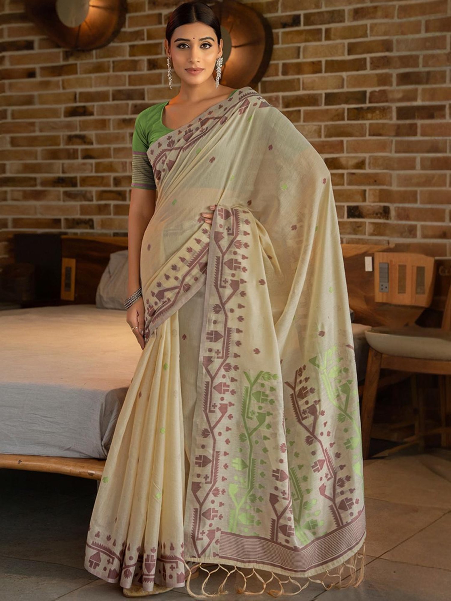 Satrani Beige & Green Cotton Woven Saree With Unstitched Blouse