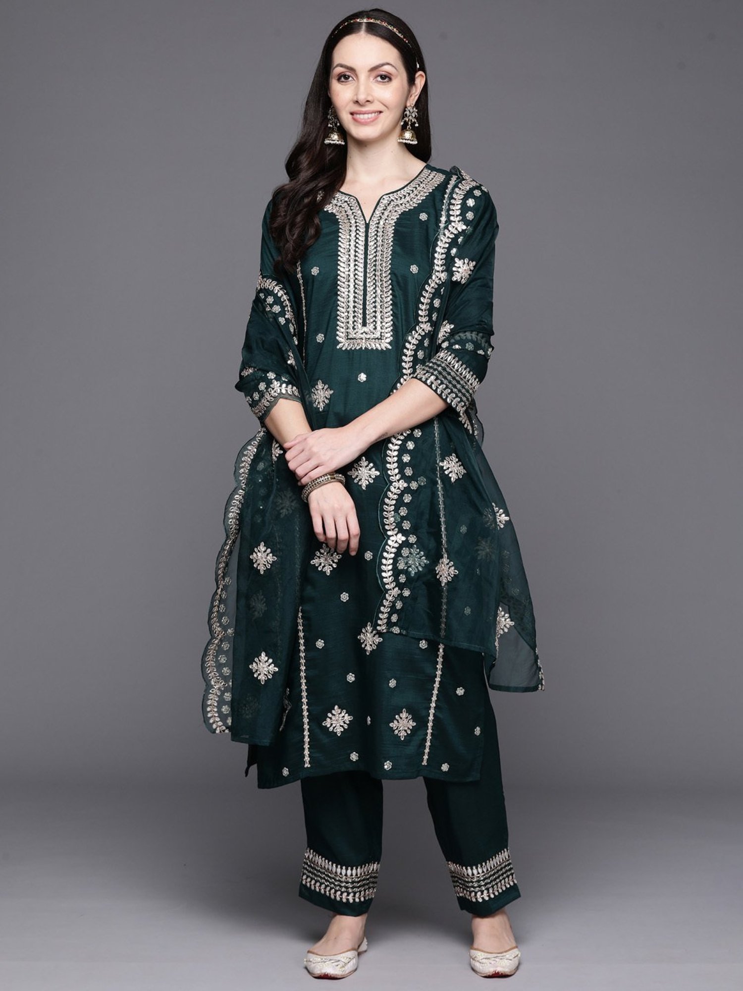 Indo Era Green Embroidered Kurta Pant Set With Dupatta