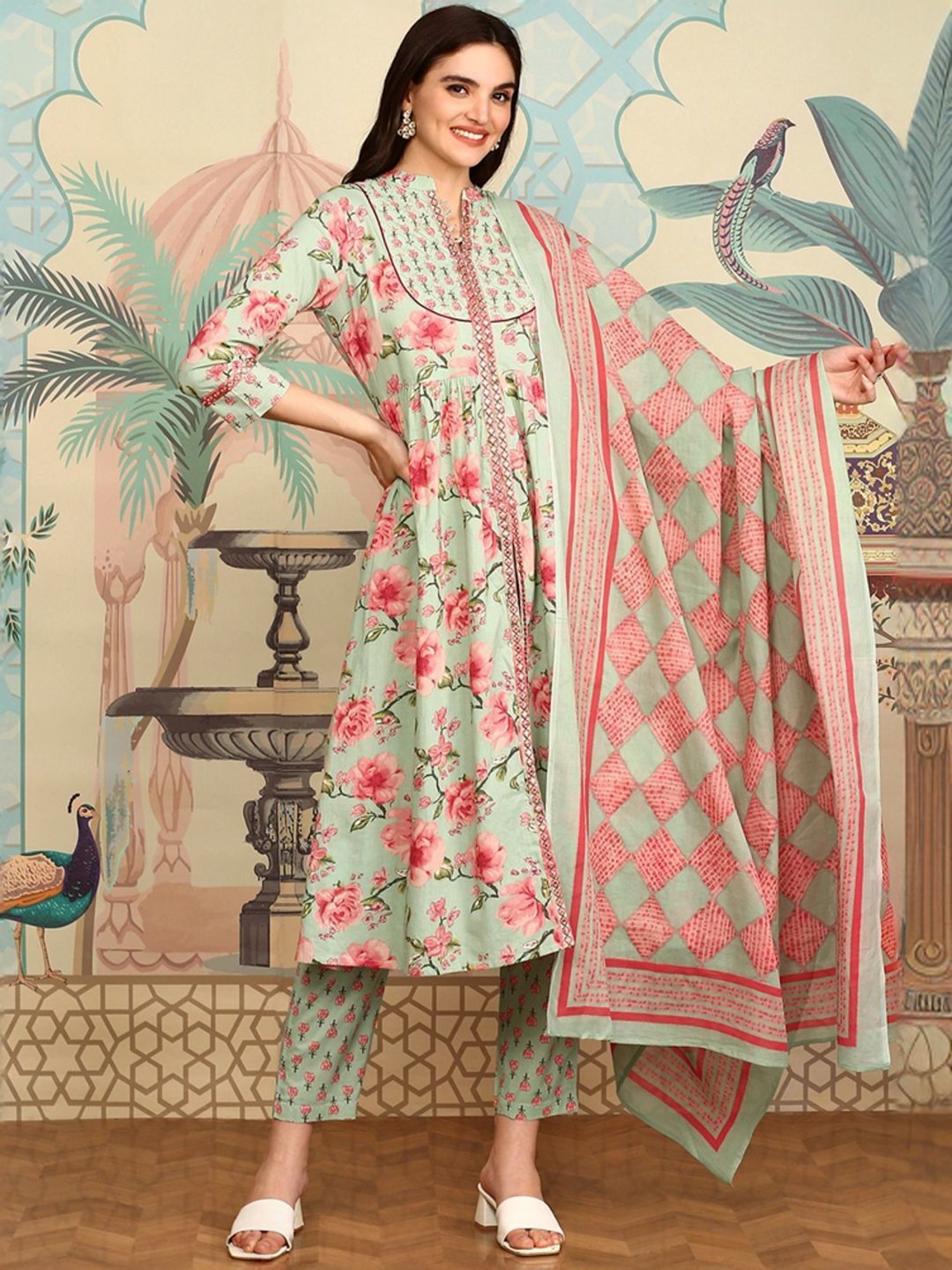Ishin Green & Pink Floral Print Kurta & Pants Set with Dupatta