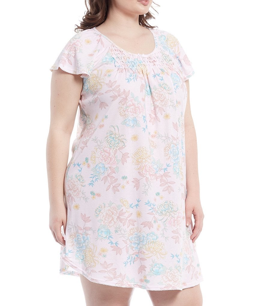 Miss Elaine Plus Cottonessa Floral Printed Round Neck Short Nightgown