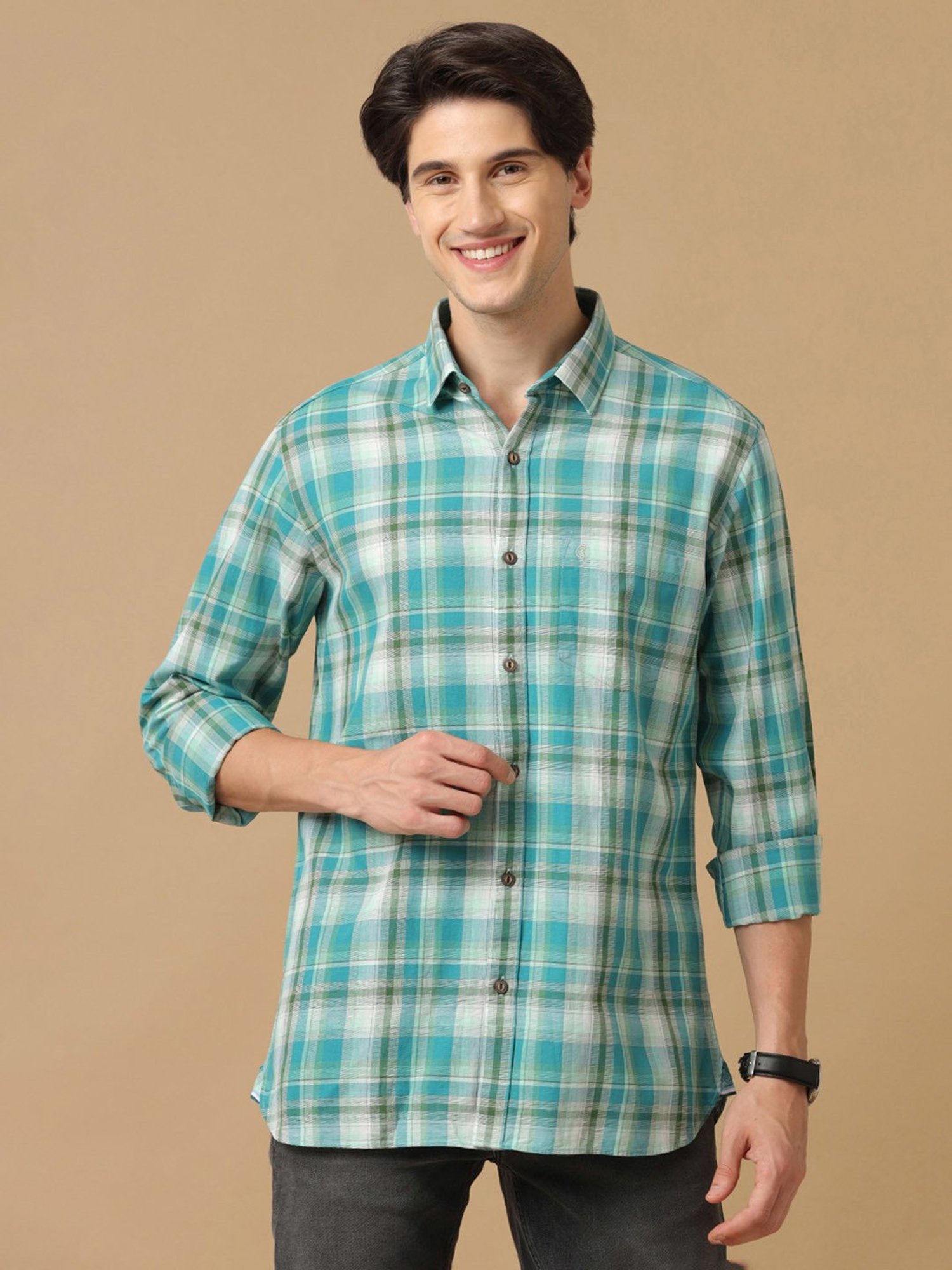 CAVALLO by Linen Club Green Contemporary Fit Check Shirt