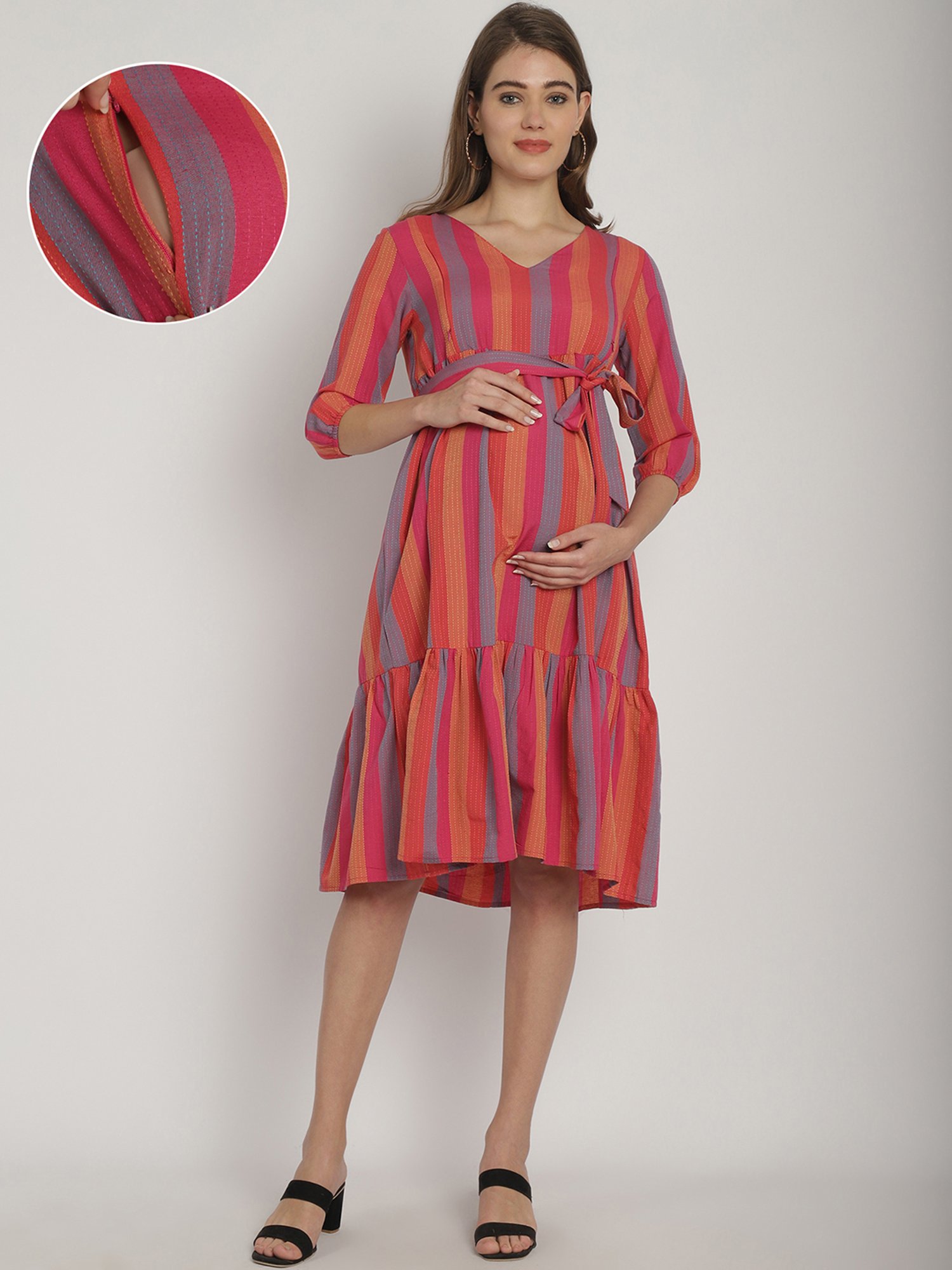 Moms Maternity Multicolor Striped Maternity Midi Dress