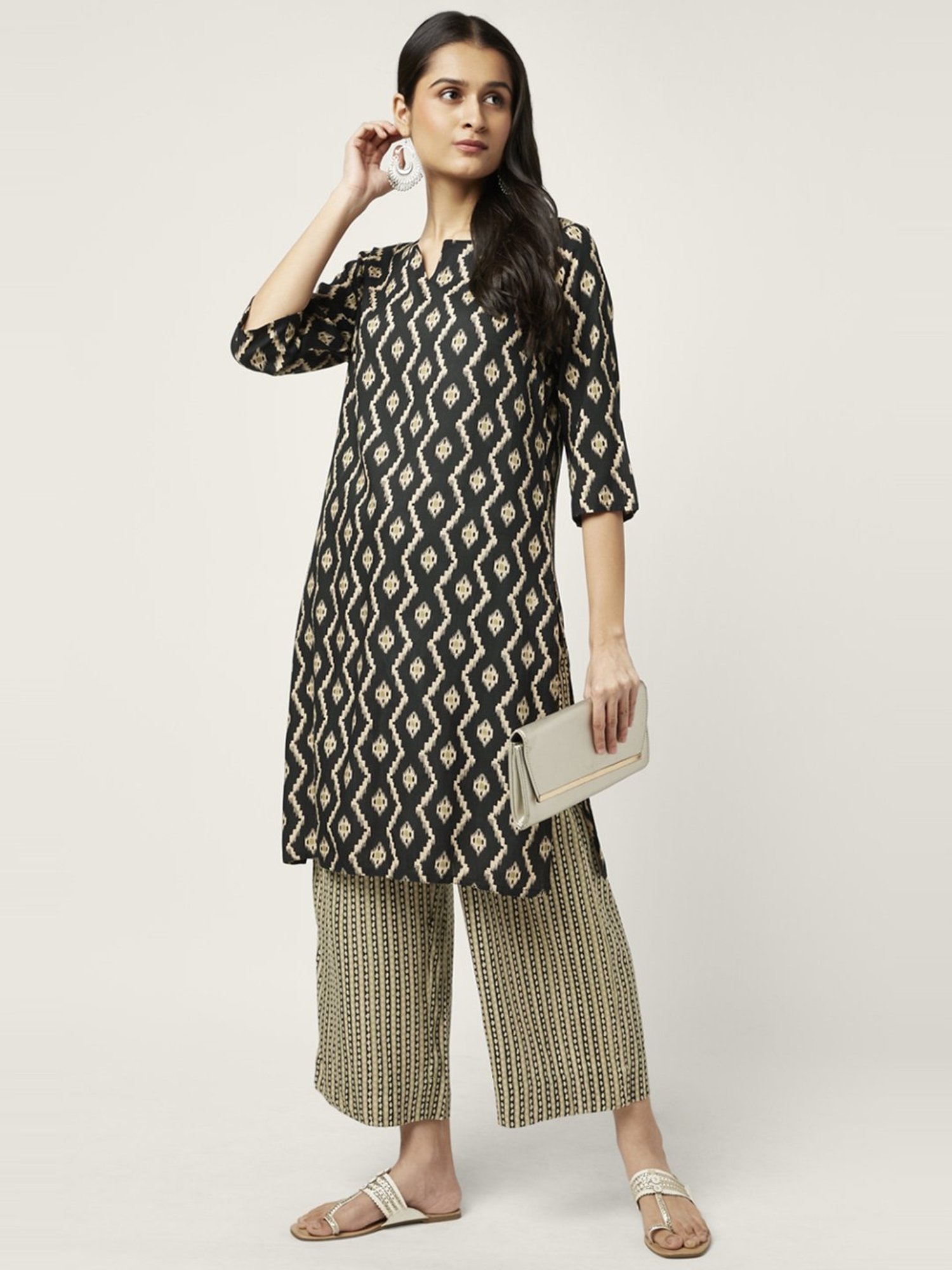Rangmanch by Pantaloons Black & Beige Printed Kurta Palazzo Set