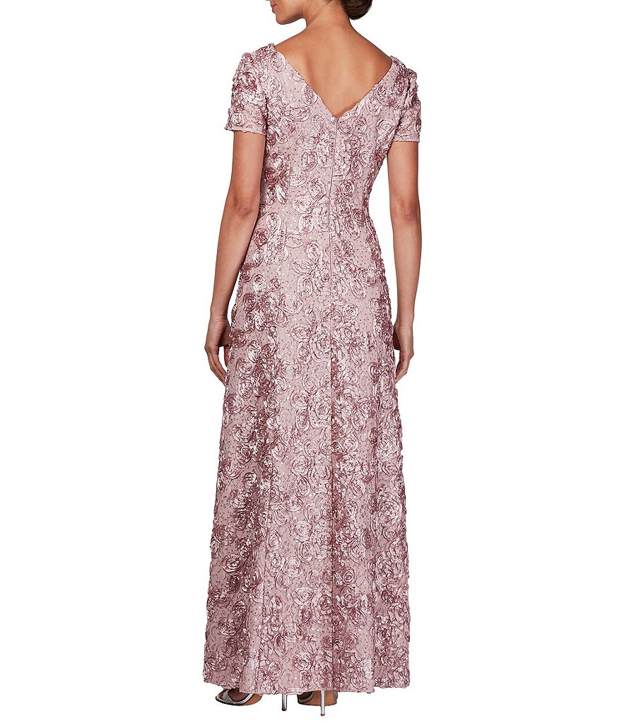 Alex Evenings Sequined-Lace Rosette-Rose Gown