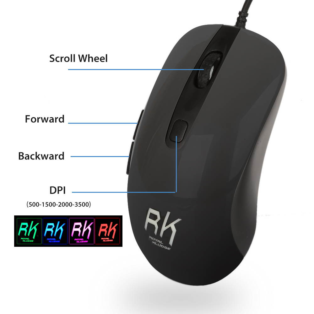 RK RM150 6 Button USB Wired Gaming Mouse Mice With 7-LED 7 DPI settings Selectable support Win7/ 2000/ ME/ NT / XP/ Mac OS Black