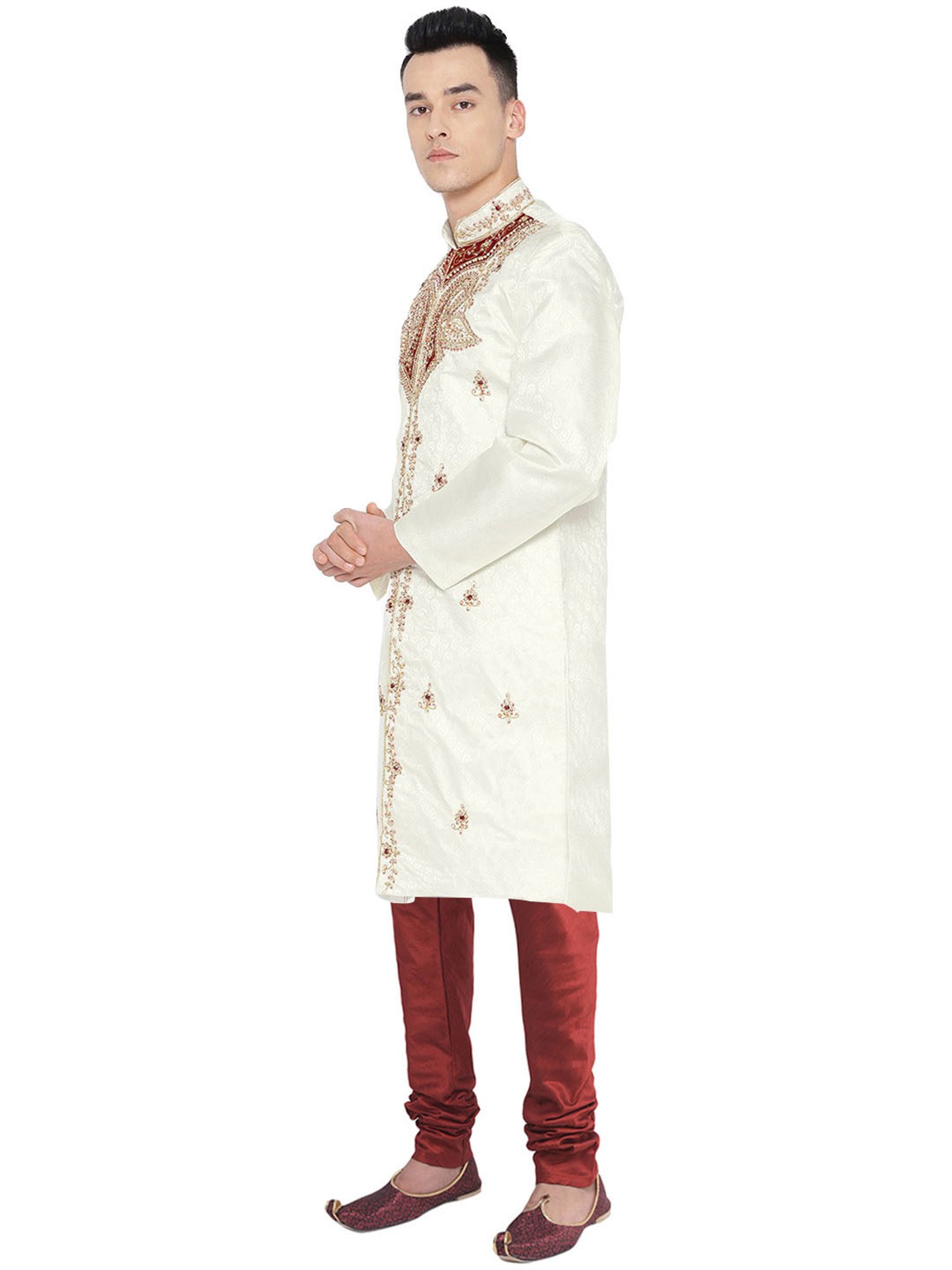 SG LEMAN Cream Regular Fit Embellished Sherwani Set