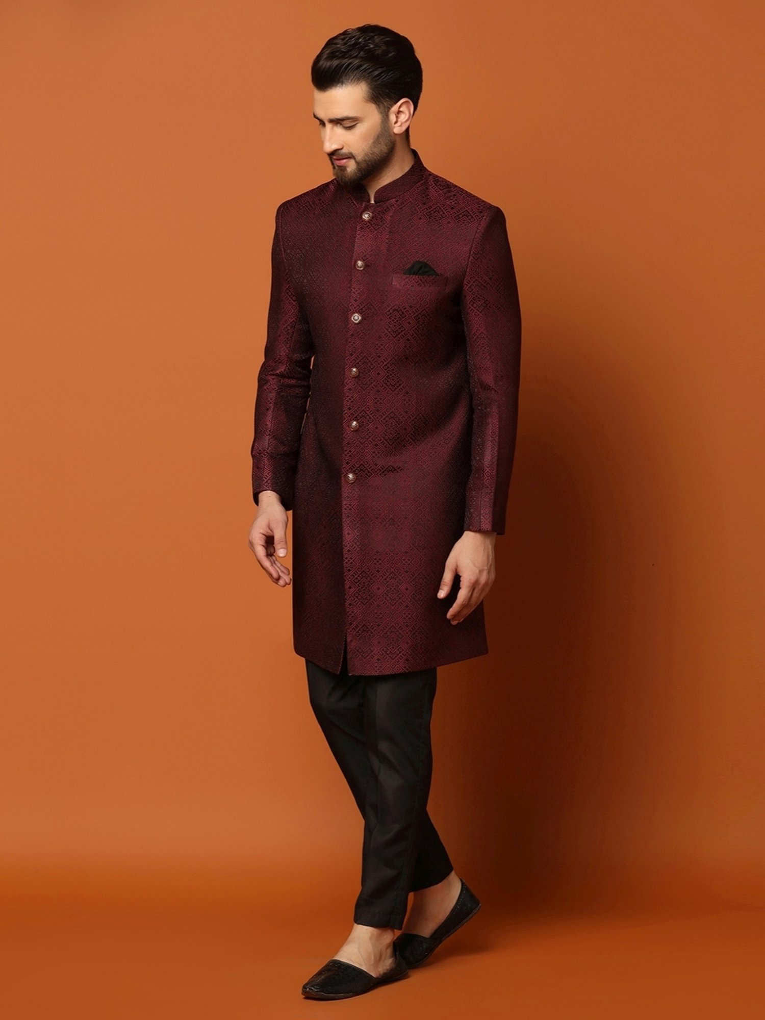 Kisah Maroon Regular Fit Self Pattern Sherwani Jacket