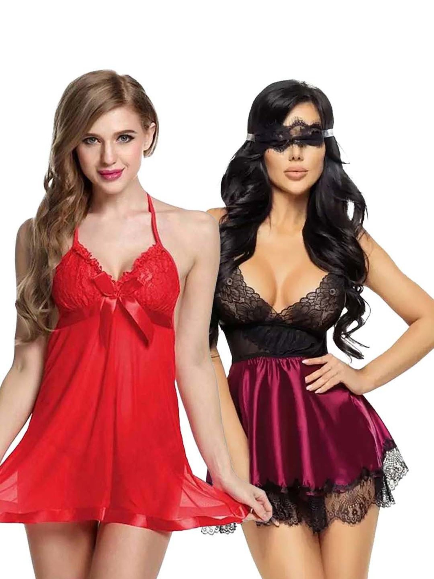 AROUSY Red & Maroon Self Pattern Babydolls - Pack Of 2