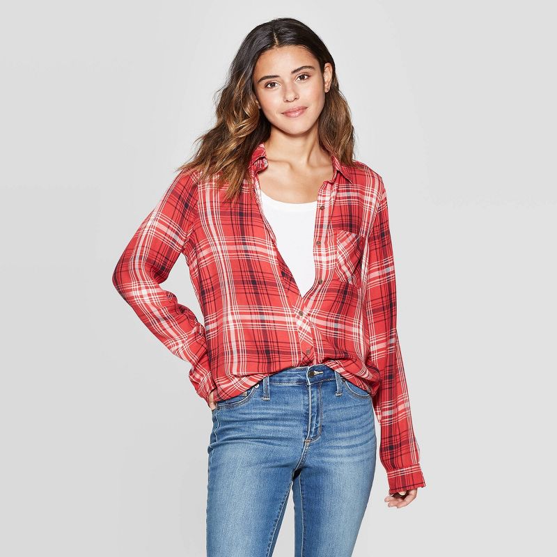 Women's Plaid Long Sleeve Button-Down Shirt - Universal Thread™ Red S