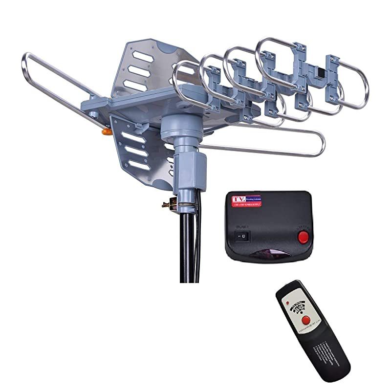 Miles Range Amplified Digital Outdoor TV Antenna with Mount Pole 4K1080p High Reception 40feet RG6 Coaxial Cable360 Degree Rotation Wireless Remote Snap On Installation2 TVs Function
