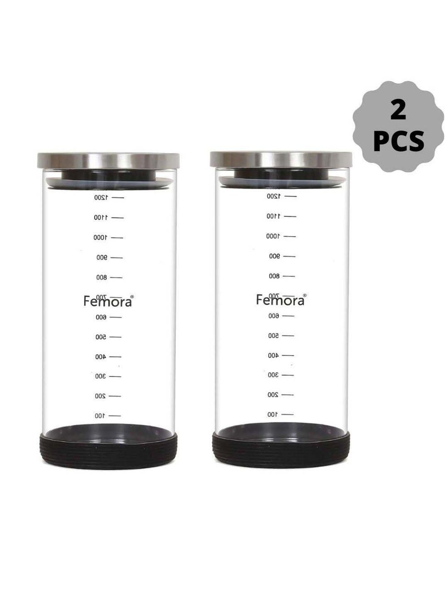 Femora Borosilicate Glass Storage Jar with Steel Lid (1300 ml) - Set of 2
