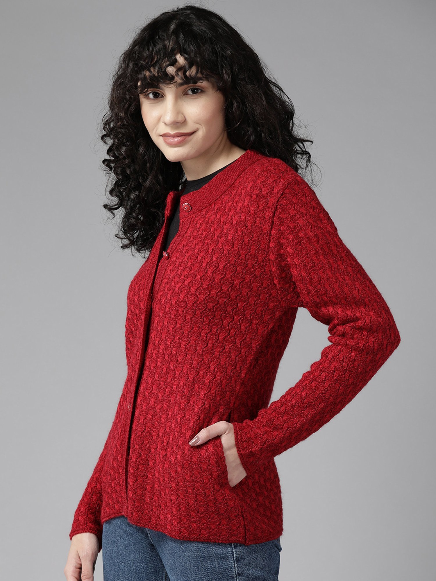 Cayman Red Woolen Cable Knit Cardigan