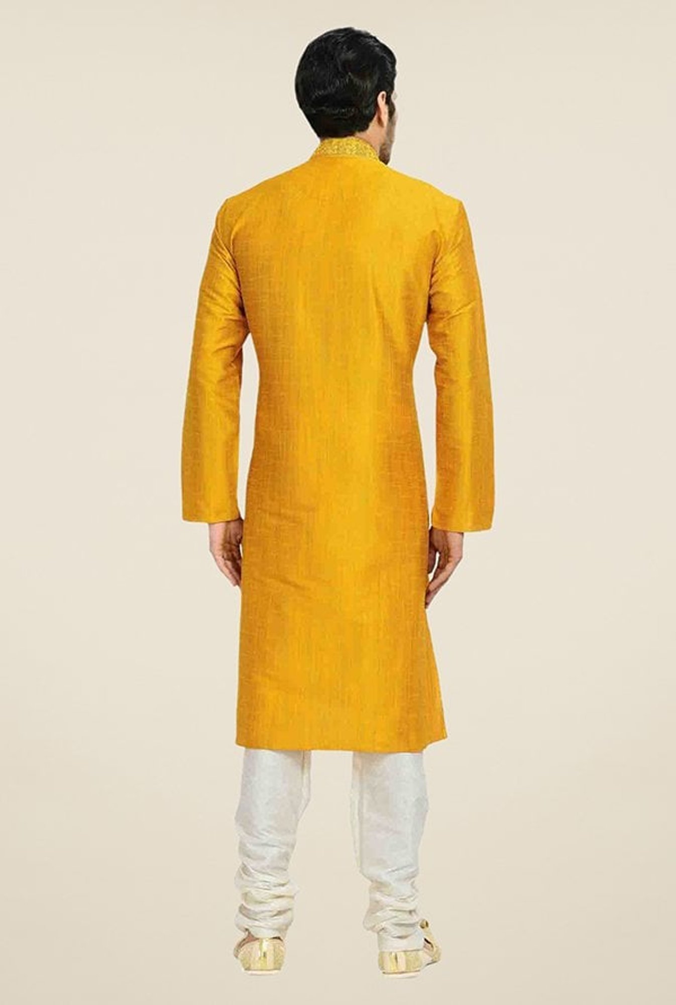 Manyavar Simple Gold & White Self Design Kurta & Churidar Set