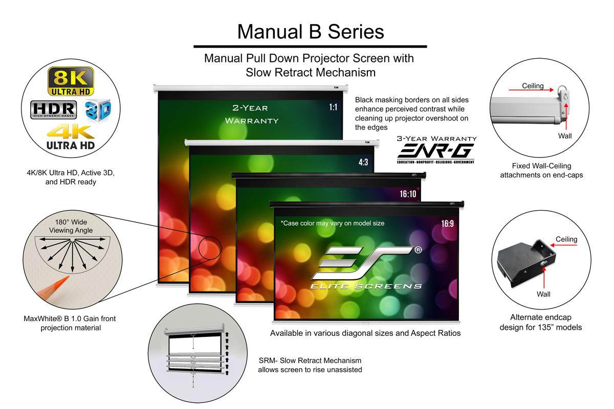Elite Screens Manual B M135H Manual Projection Screen - 135" - 16:9 - Wall Mount, Ceiling Mount