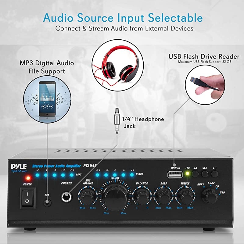 2X120 Watt Home Audio Power Amplifier Portable 2 Channel Surround Sound Stereo Receiver w USB in for Amplified Subwoofer Speaker CD DVD MP3 iPhone Phone Theater PA System PTAU45