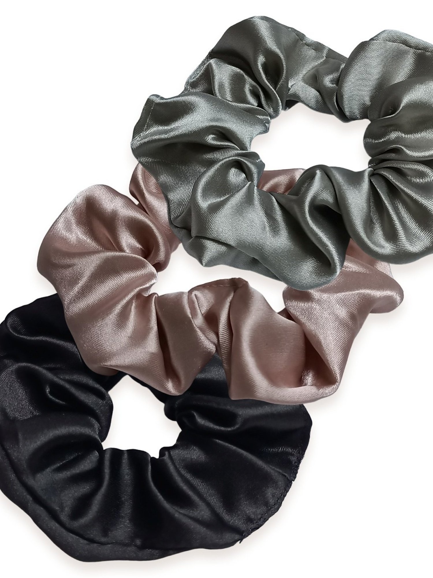 OOMPH Black, Grey & Nude Beige Satin Silk Scrunchy Rubber Band Hair Tie Ponytail Holder - Combo of 3