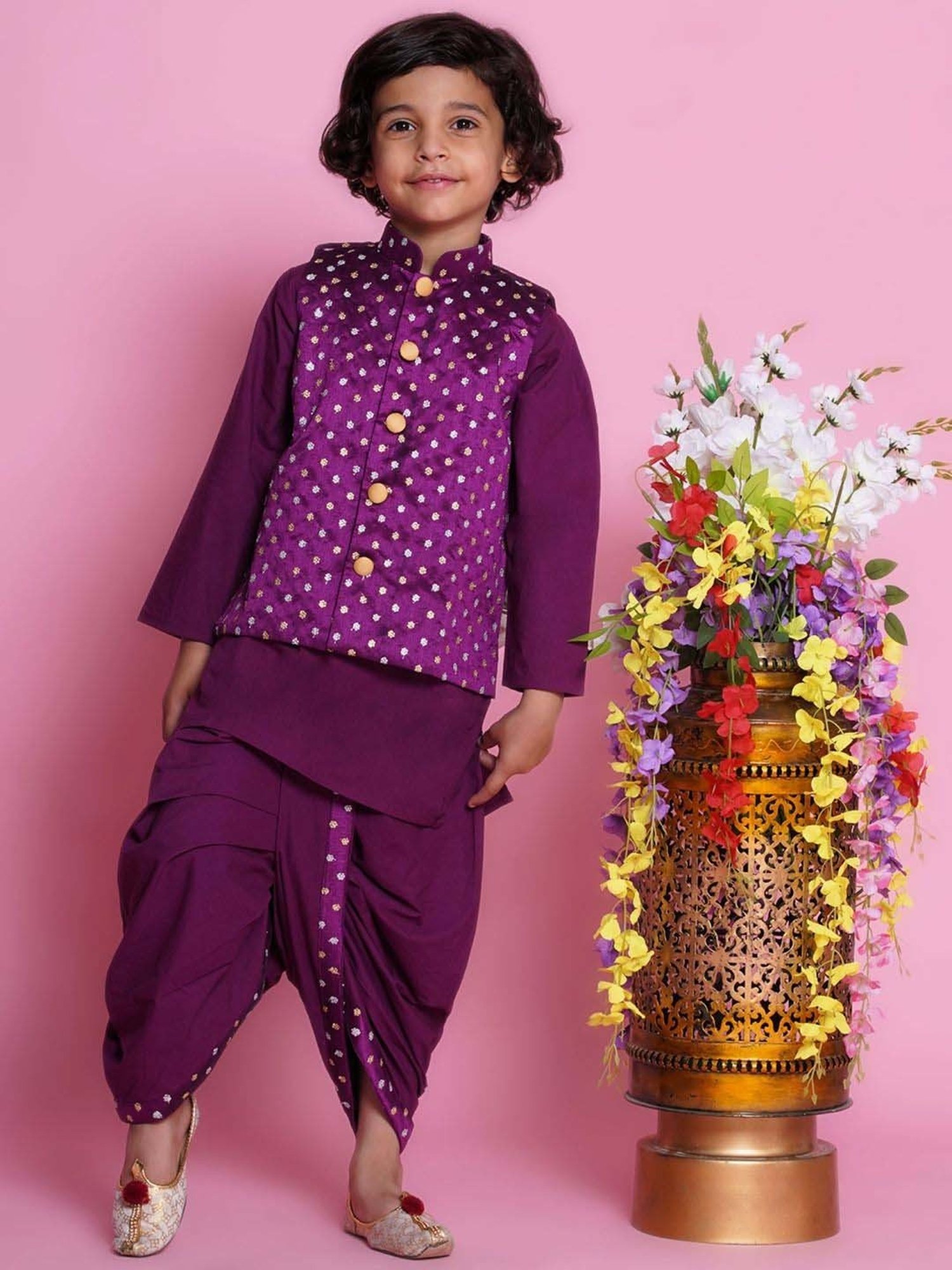 Little Bansi Boys Purple Cotton Self Full Sleeves Kurta Set