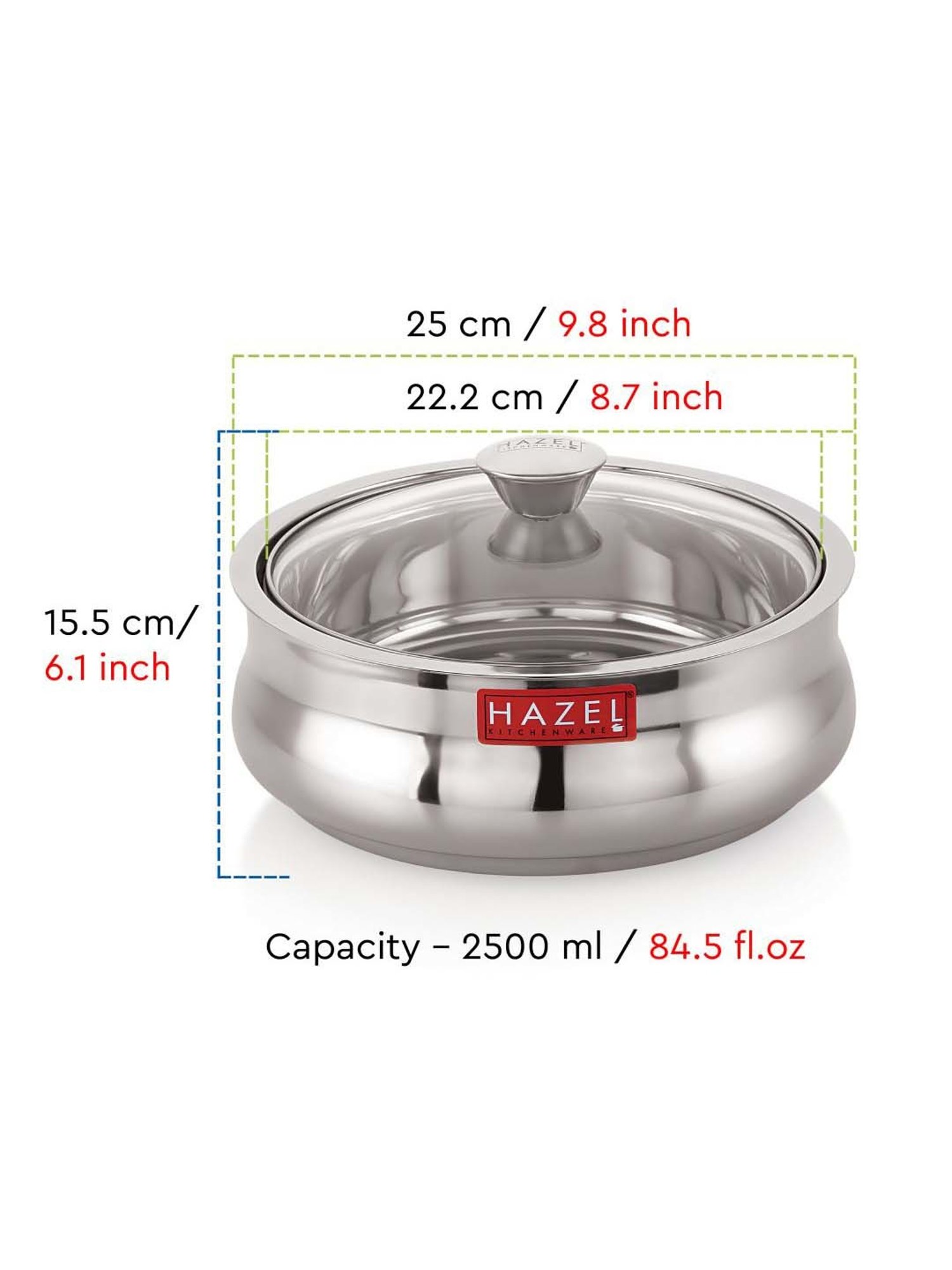 HAZEL Silver Stainless Steel Casserole With Glass Lid (2.5 L)