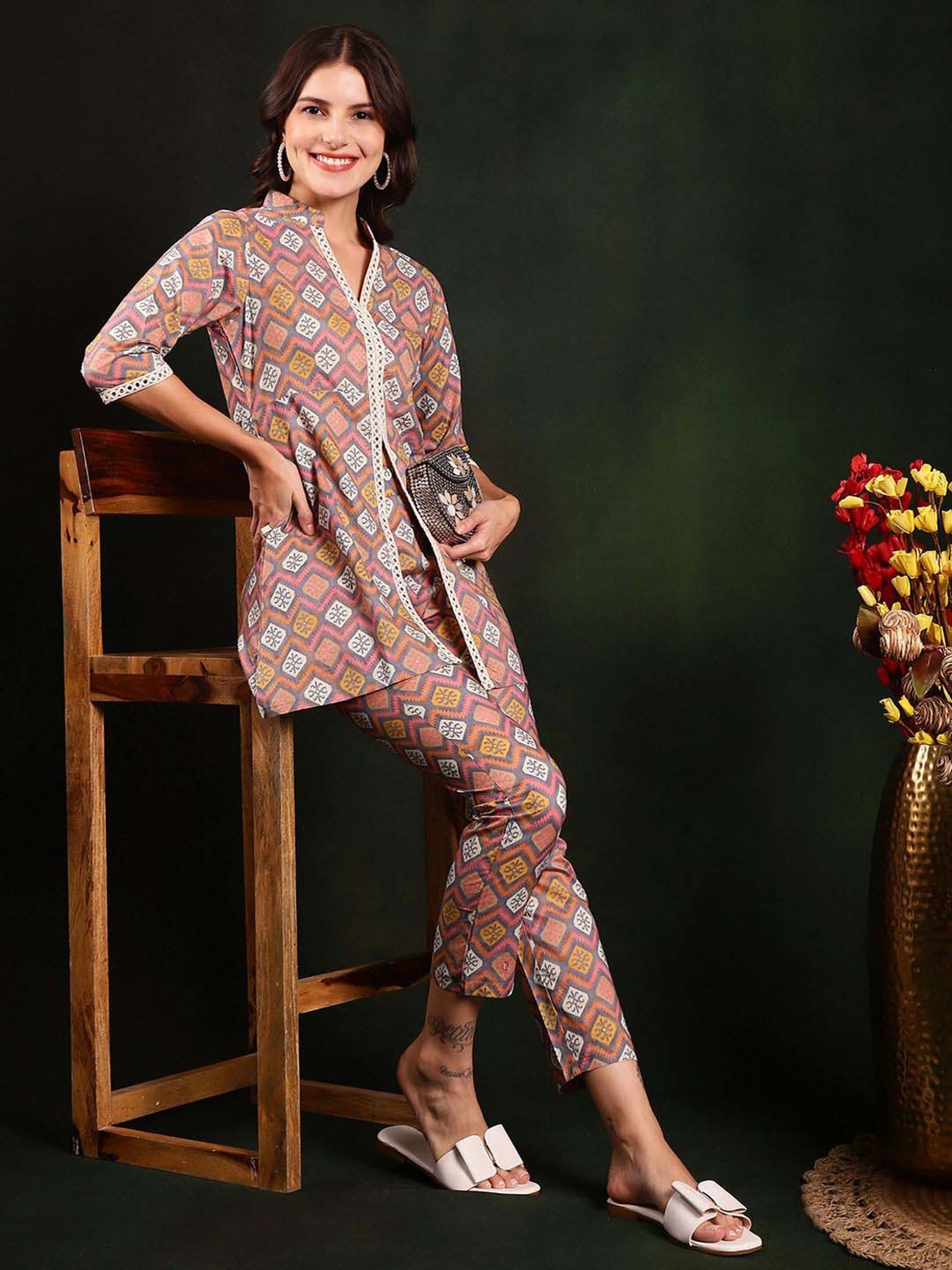 Claura Grey Cotton Printed Top Pant Set