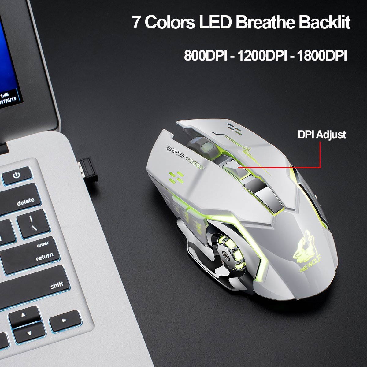 Wireless Mouse 2.4GHz X8 1800DPI Rechargeable Silent 6 Buttons 7 Colors LED Backlit Breath Usb Optical Gaming Mouse For Laptop Computer Notebook Desktop Game Office