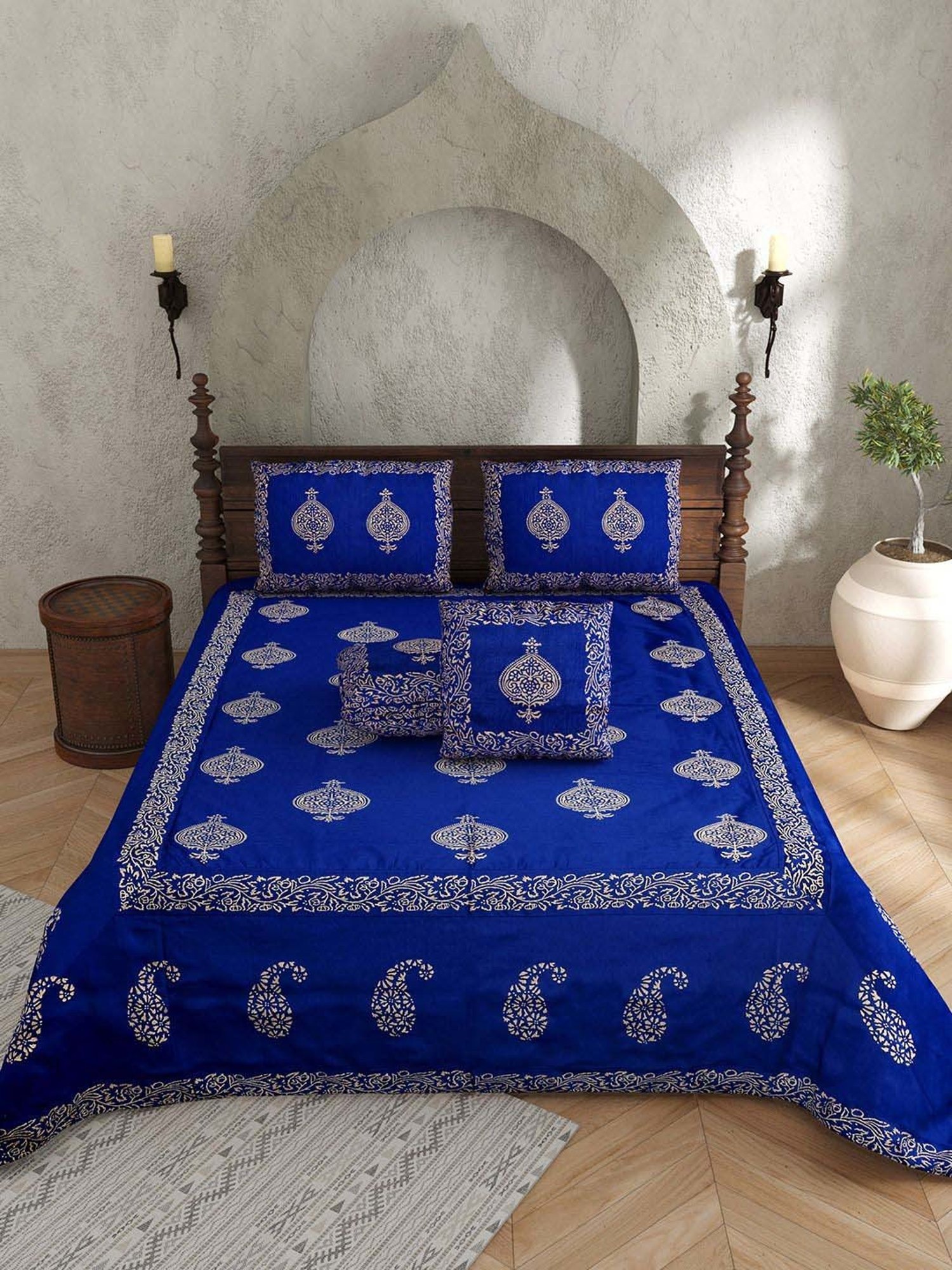 JaipurFabric Royal Blue Silk 240 TC Double Bedsheet with 2 Pillow Covers