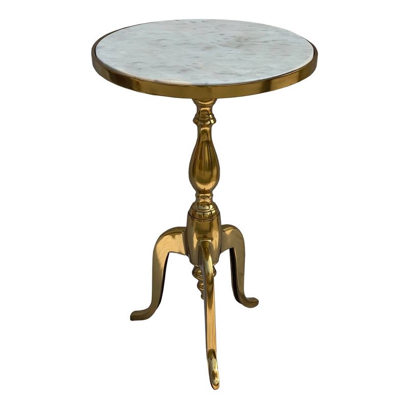 Round Marble Top Accent End Table with Flared Pedestal Metal Base White/Gold - The Urban Port