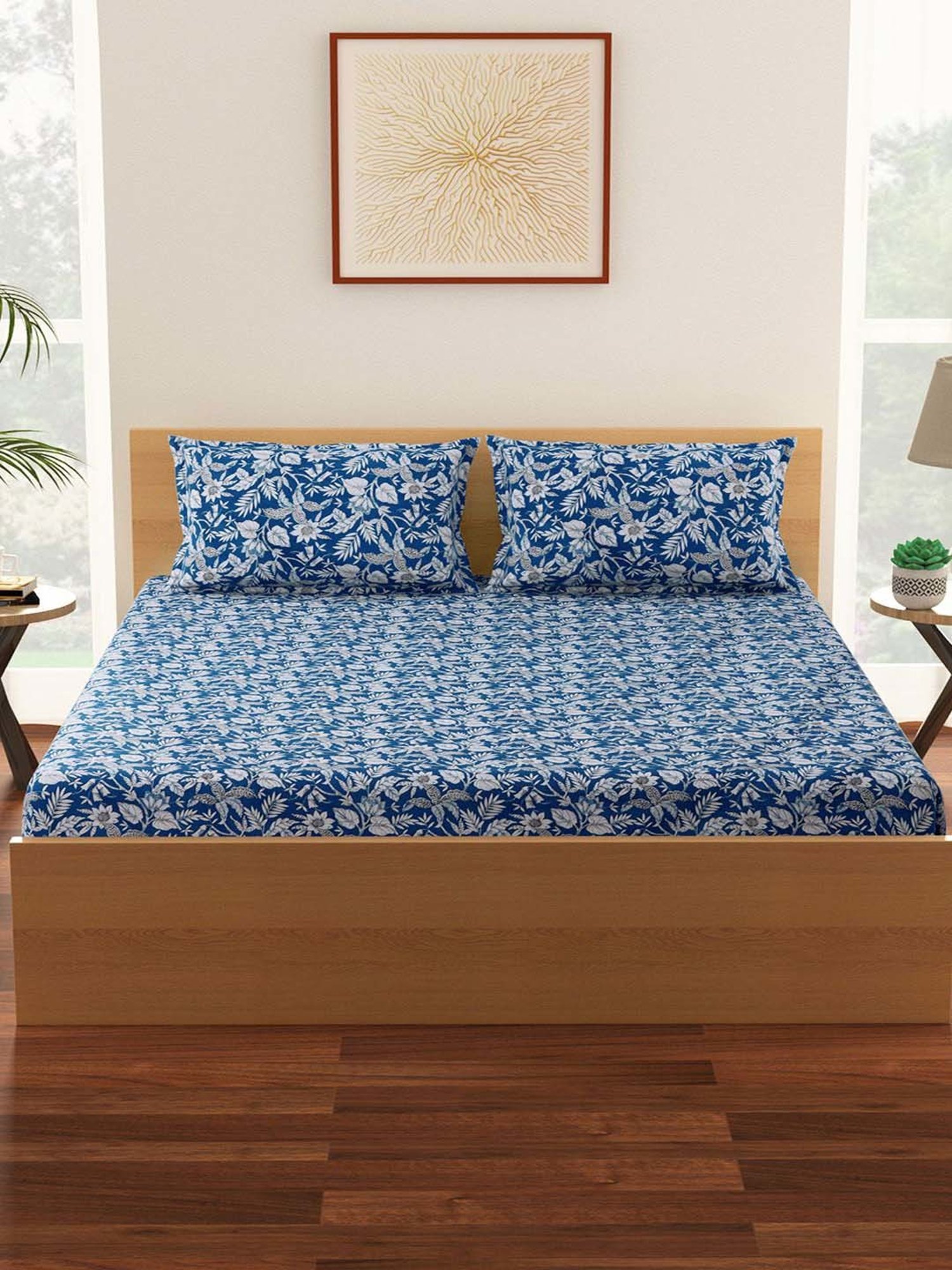 Living Scapes by Pantaloons Blue Cotton 144 TC Queen Bed Sheet with 2 Pillow Covers