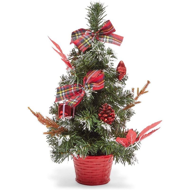 Okuna Outpost Mini Christmas Tree Pine Tree with Plaid Bows and Red Pinecones (16 Inches)