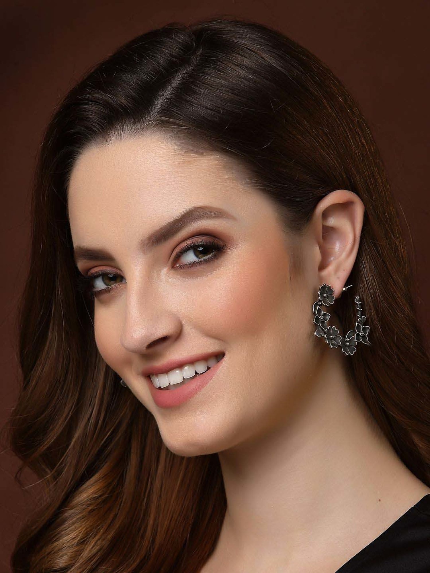 Panash Oxidized Silver-Look Floral Shaped Half Hoop Earrings