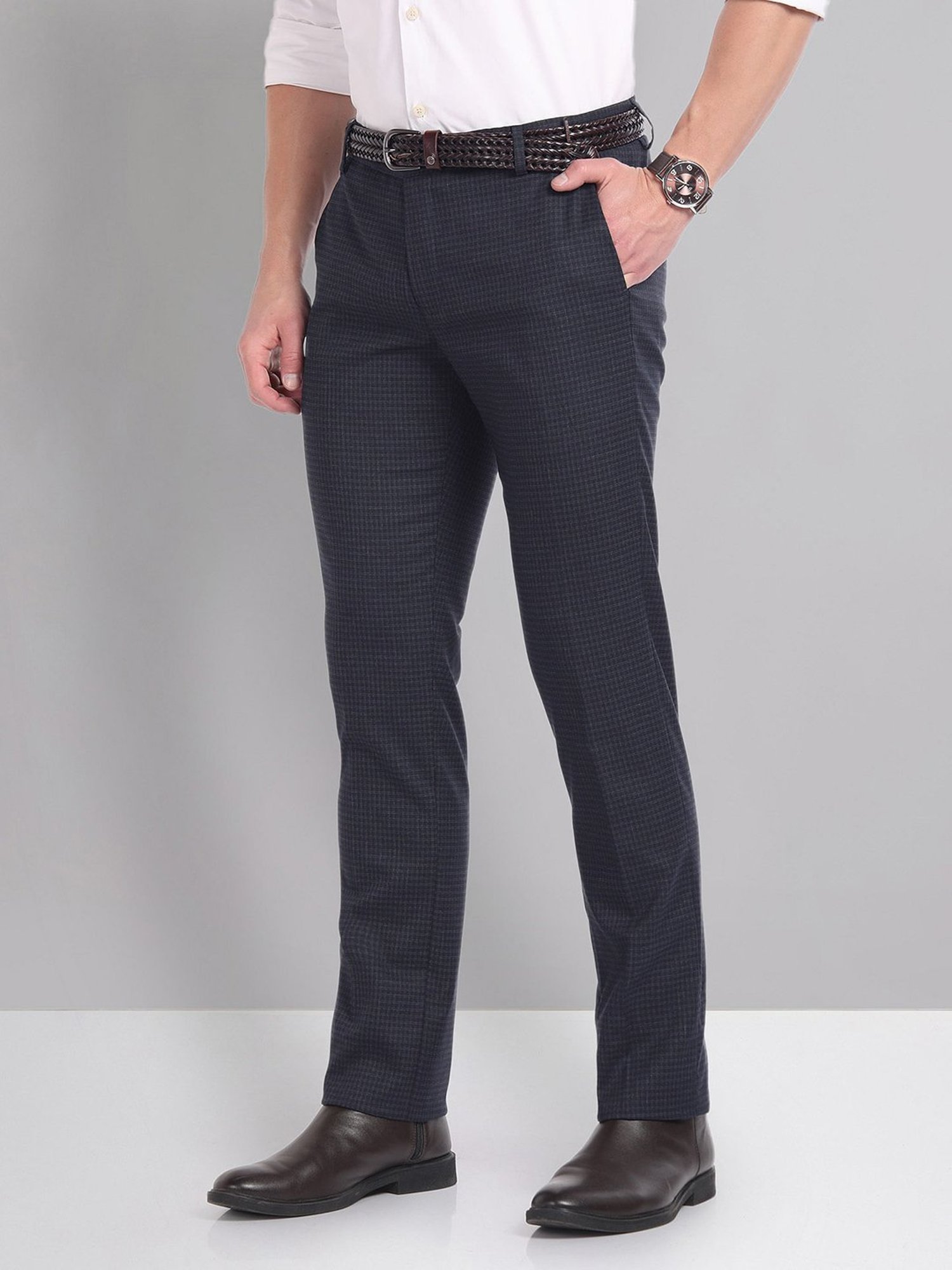 AD by Arvind Blue Slim Fit Flat Front Trousers