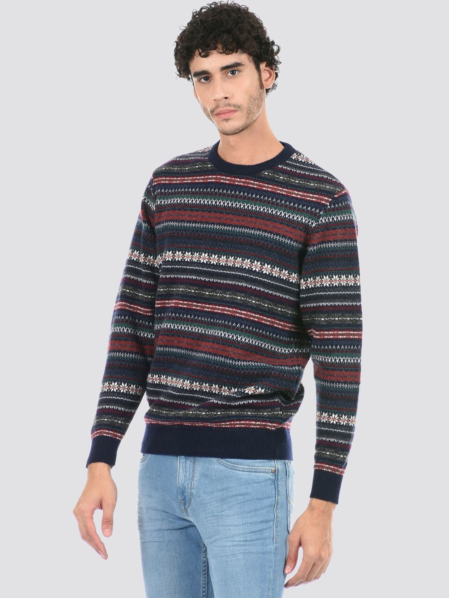London Fog Navy Blue Regular Fit Self Pattern Sweater