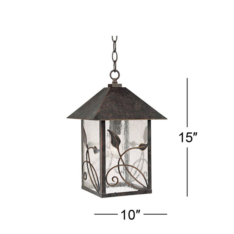 Franklin Iron Works Country Cottage Outdoor Ceiling Light Hanging French Bronze Leaf Pattern 15" Seedy Glass Damp Rated for Porch