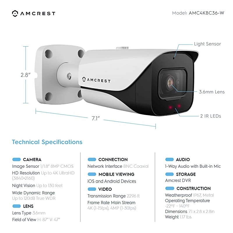 ProHD 4K Bullet Outdoor Security Camera, 4K (8-Megapixel), Analog Camera, 130ft Night Vision, IP67 Weatherproof Housing, 3.6mm Lens, 87&deg; Narrow Angle, Built-in Microphone, White (AMC4KBC36-W)
