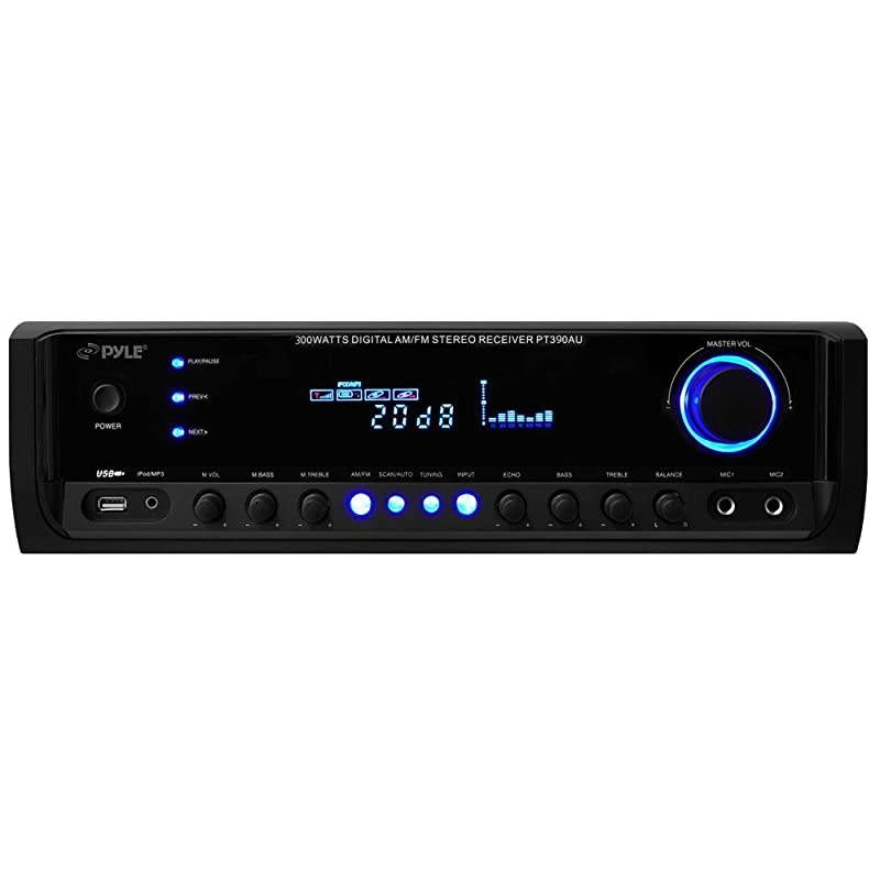 Home Audio Power Amplifier System - 300W 4 Channel Theater Power Stereo Sound Receiver Box Entertainment w/ USB, RCA, AUX, Mic w/ Echo, LED, Remote - For Speaker, iPhone, PA, Studio Use -  PT390AU
