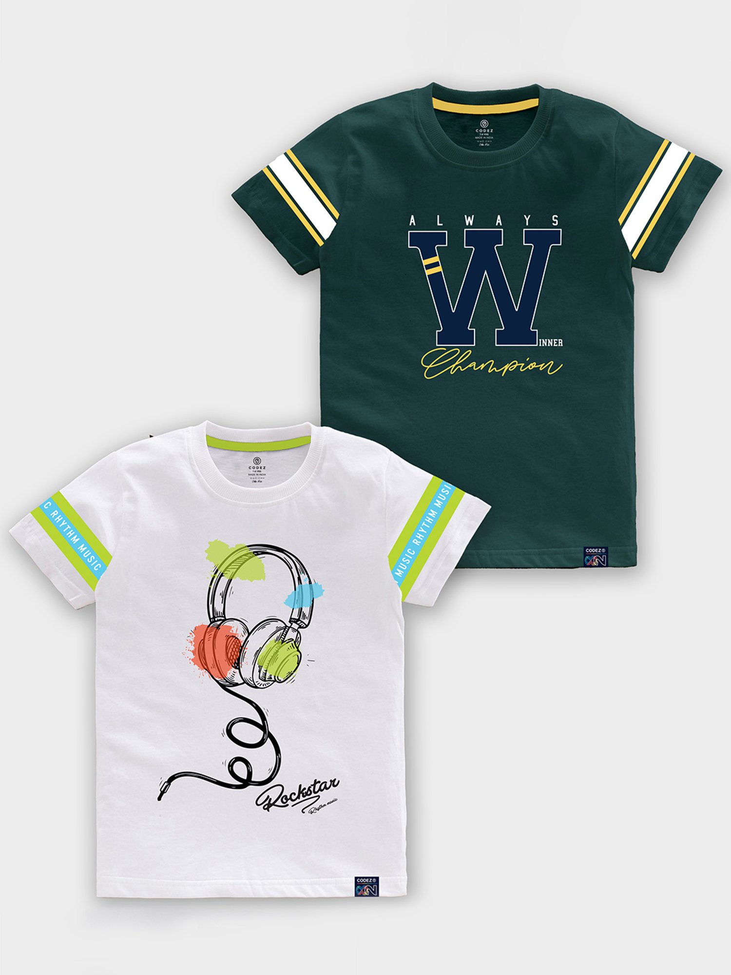 Codez Kids White & Teal Printed T-Shirt (Pack Of 2)