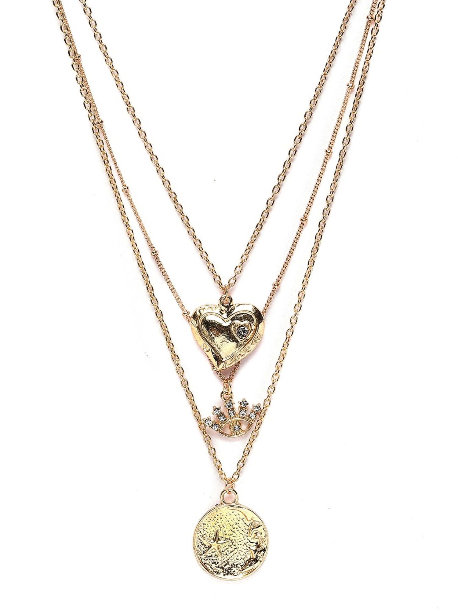 Karatcart Golden Heart and Eye Multicharm Multilayered Chain Women