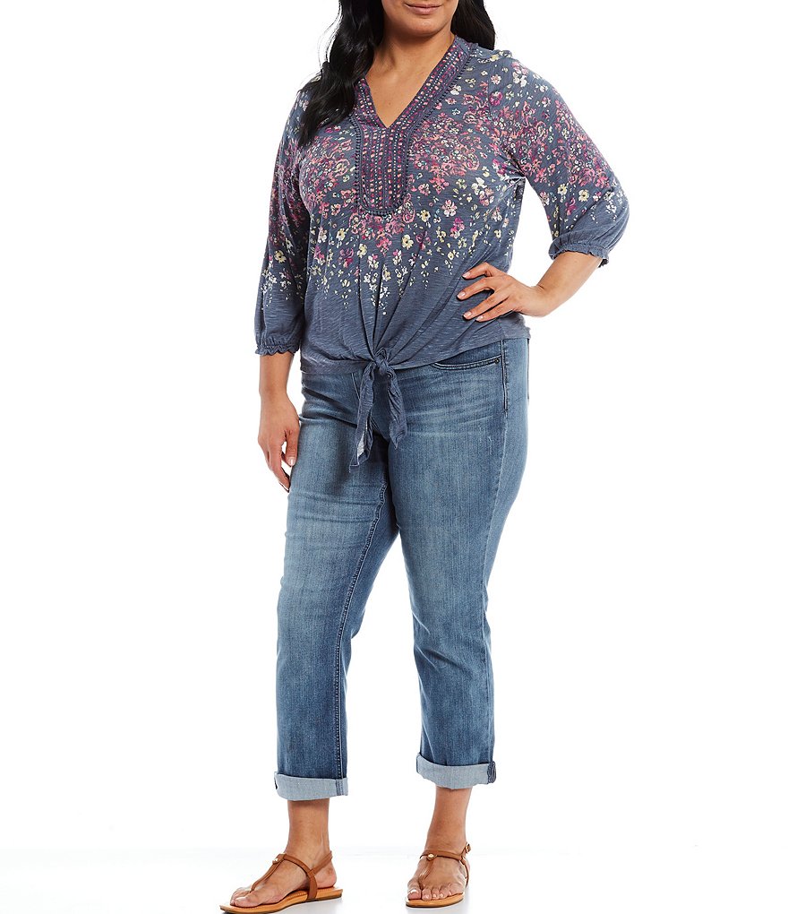 Democracy Plus Size Floral Placement Print V-Neck Blouson Long Sleeve Tie-Front Hem Top