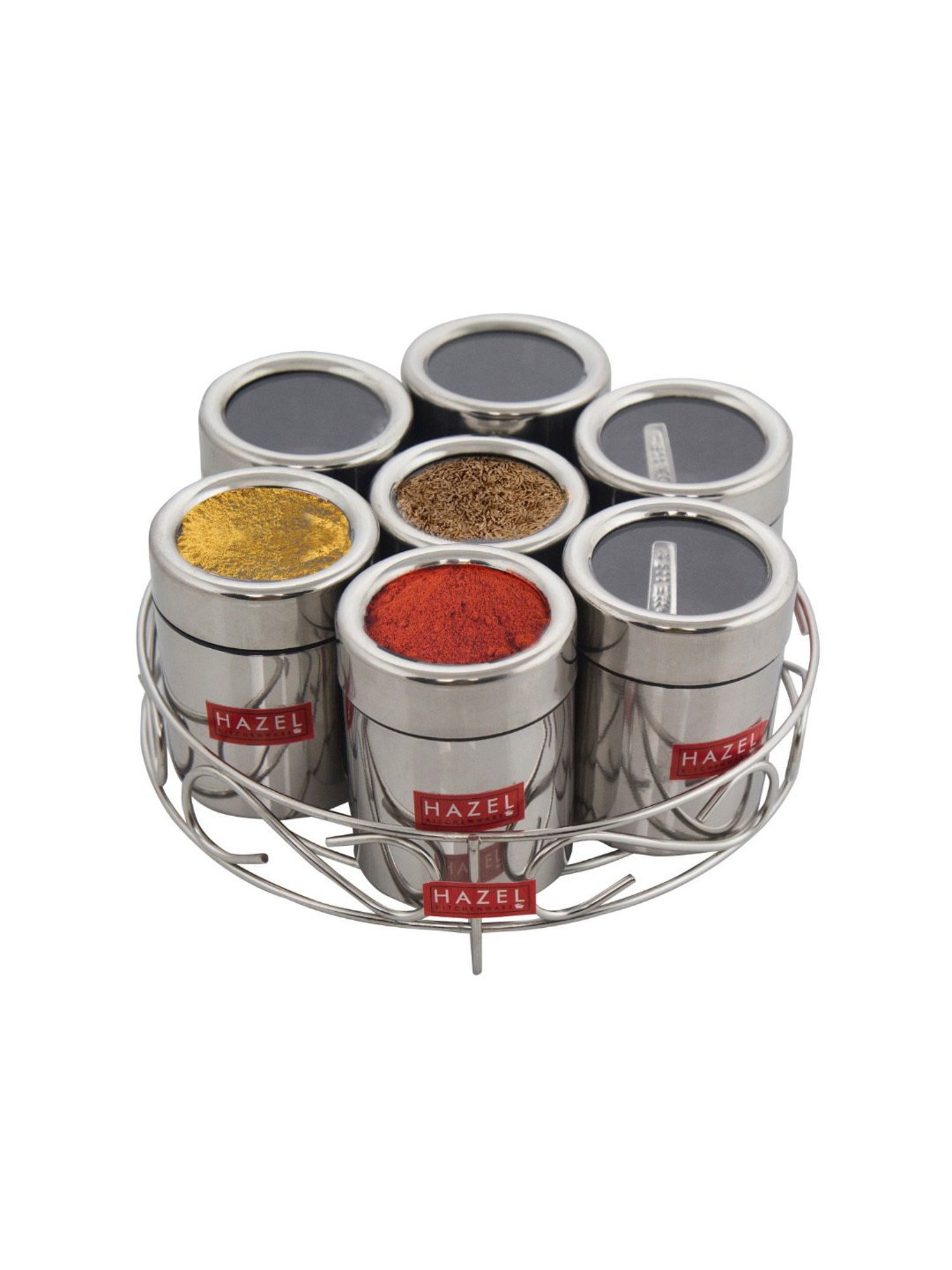 HAZEL Silver Stainless Steel Classic 7 in 1 Masala & Dry Fruit Container Stand with Lid (0.125L)