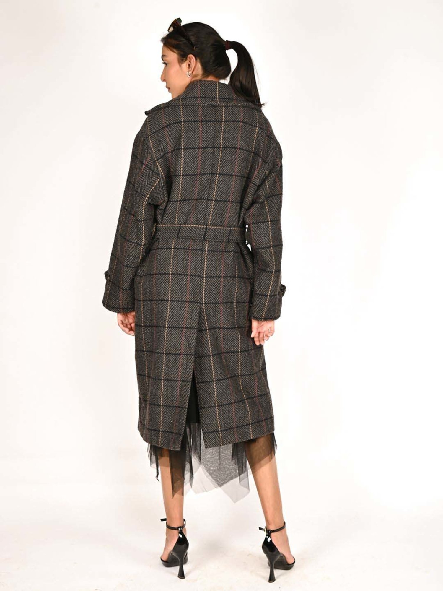 Odette Grey Self Pattern Jacket With Belt