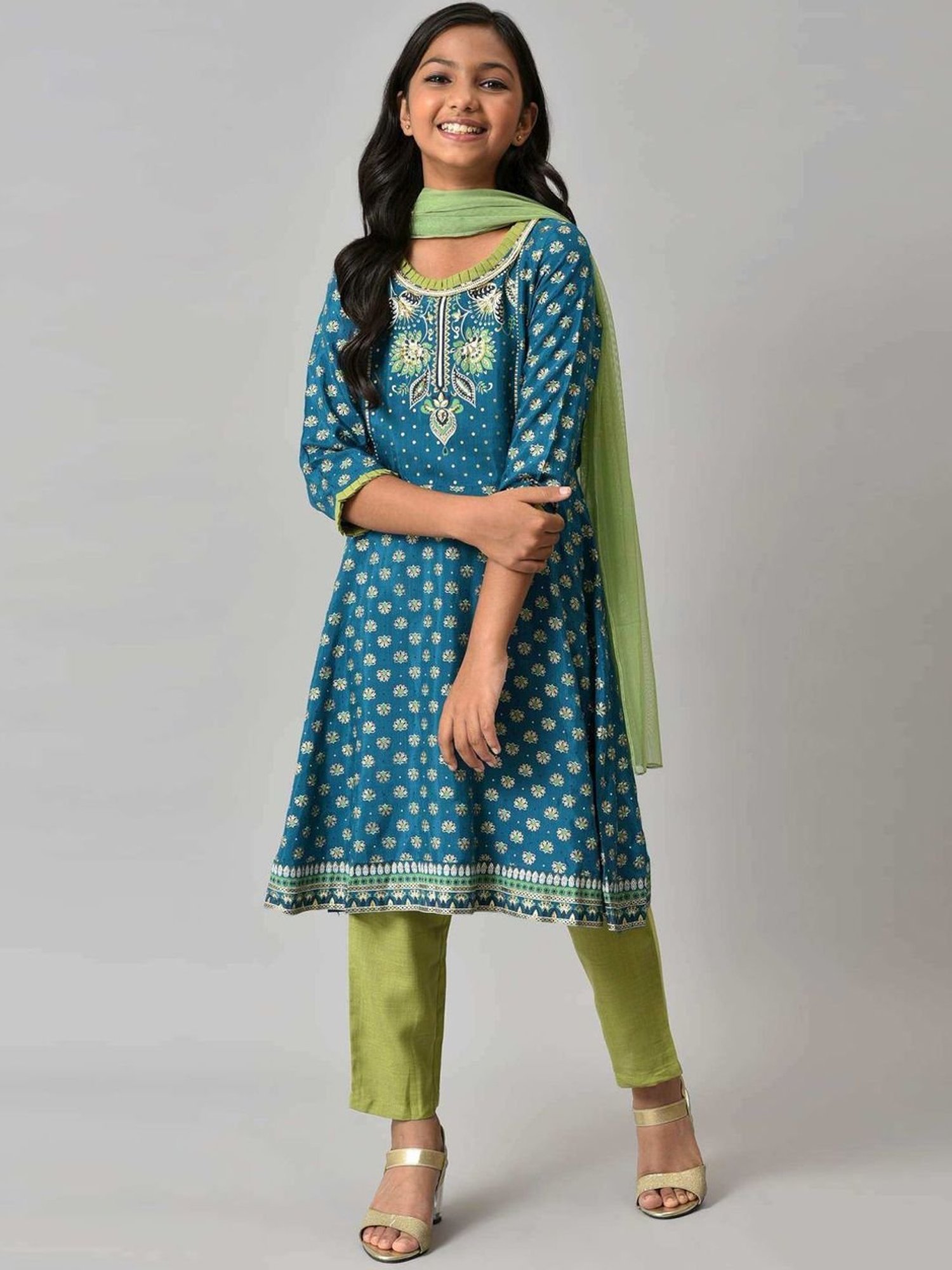 Aurelia Kids Blue & Green Printed Kurta Set
