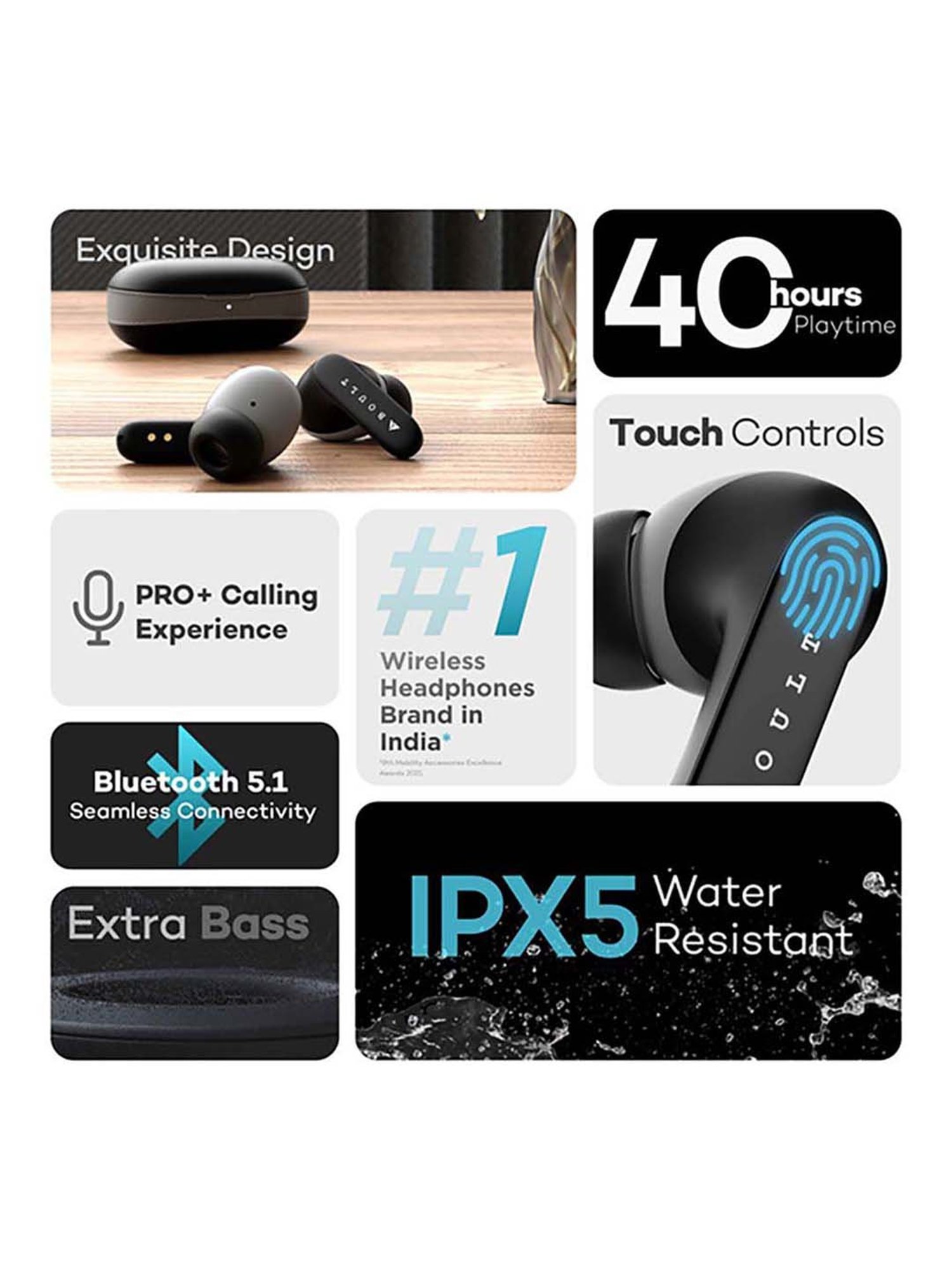 Boult Audio AirBass Y1 True Wireless Bluetooth Earbuds with Mic (Black)